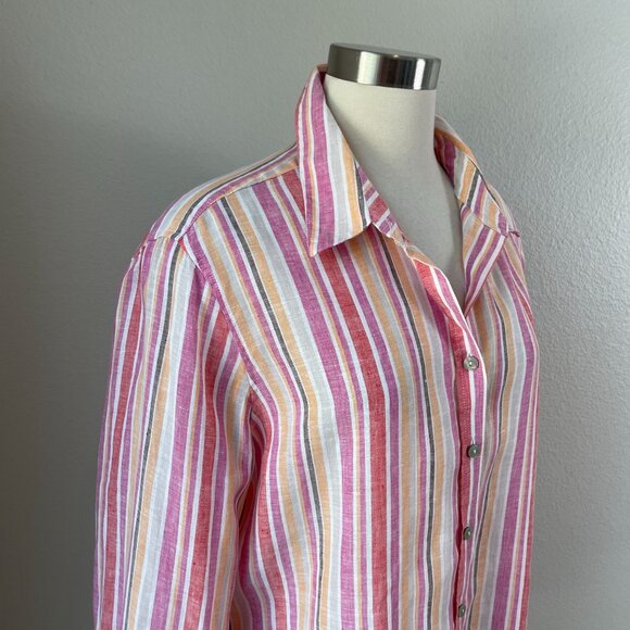 Chicos Womens 16 Pink Orange Striped 100% Linen Button Up Shirt Long Sleeve Top - Picture 3 of 12